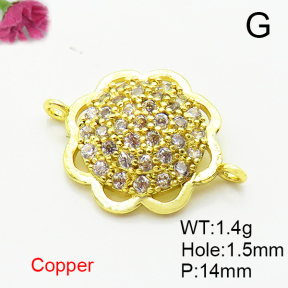 Brass Micro Pave Cubic Zirconia Links Connectors,Flower,Plated Gold,14mm,Hole:1.5mm,about 1.4g/pc,5 pcs/package,XFL02317vaia-L035