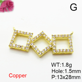 Brass Micro Pave Cubic Zirconia Links Connectors,Three squares,Plated Gold,13x28mm,Hole:1.5mm,about 1.8g/pc,5 pcs/package,XFL02320avja-L035