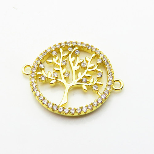 Brass Micro Pave Cubic Zirconia Links Connectors,Round,Tree of Life,Plated Gold,20mm,Hole:1.5mm,about 1.9g/pc,5 pcs/package,XFL02323aaio-L035