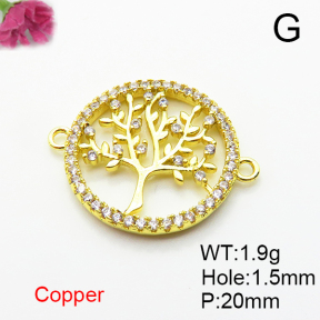 Brass Micro Pave Cubic Zirconia Links Connectors,Round,Tree of Life,Plated Gold,20mm,Hole:1.5mm,about 1.9g/pc,5 pcs/package,XFL02323aaio-L035
