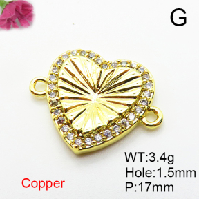 Brass Micro Pave Cubic Zirconia Links Connectors,Heart,Plated Gold,17mm,Hole:1.5mm,about 3.4g/pc,5 pcs/package,XFL02326aaij-L035