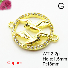 Brass Micro Pave Cubic Zirconia Links Connectors,Round,Bird,Plated Gold,18mm,Hole:1.5mm,about 2.2g/pc,5 pcs/package,XFL02329aaij-L035