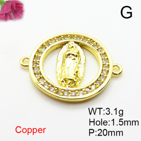 Brass Micro Pave Cubic Zirconia Links Connectors,Round,Jesus,Plated Gold,20mm,Hole:1.5mm,about 3.1g/pc,5 pcs/package,XFL02338vail-L035