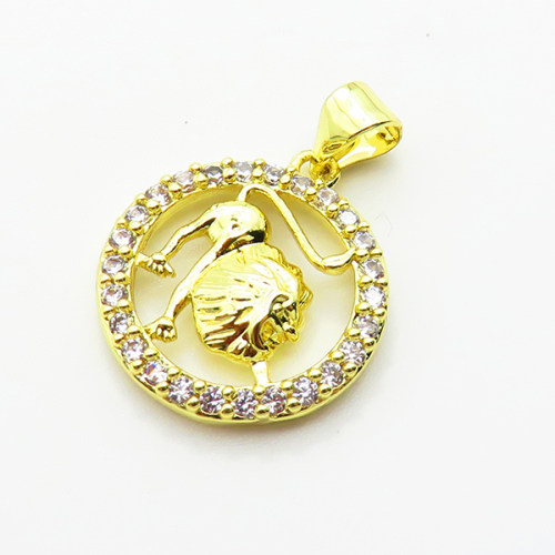 Brass Micro Pave Cubic Zirconia Pendants,Round,Leo,Plated Gold,16mm,Hole:2mm,about 1.7g/pc,5 pcs/package,XFPC04767aaho-L035