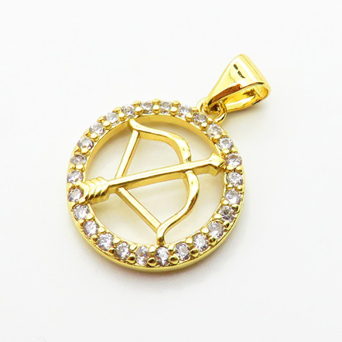Brass Micro Pave Cubic Zirconia Pendants,Round,Sagittarius,Plated Gold,16mm,Hole:2mm,about 1.5g/pc,5 pcs/package,XFPC04770aaho-L035