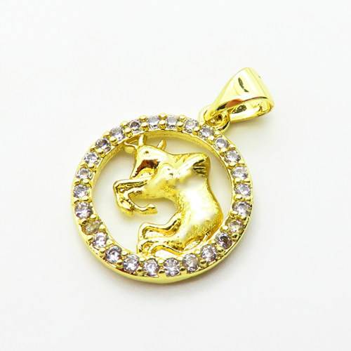 Brass Micro Pave Cubic Zirconia Pendants,Round,Taurus,Plated Gold,16mm,Hole:2mm,about 1.9g/pc,5 pcs/package,XFPC04773aaho-L035