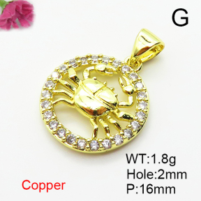 Brass Micro Pave Cubic Zirconia Pendants,Round,Cancer,Plated Gold,16mm,Hole:2mm,about 1.8g/pc,5 pcs/package,XFPC04776aaho-L035
