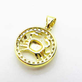 Brass Micro Pave Cubic Zirconia Pendants,Round,Cancer,Plated Gold,16mm,Hole:2mm,about 1.8g/pc,5 pcs/package,XFPC04776aaho-L035