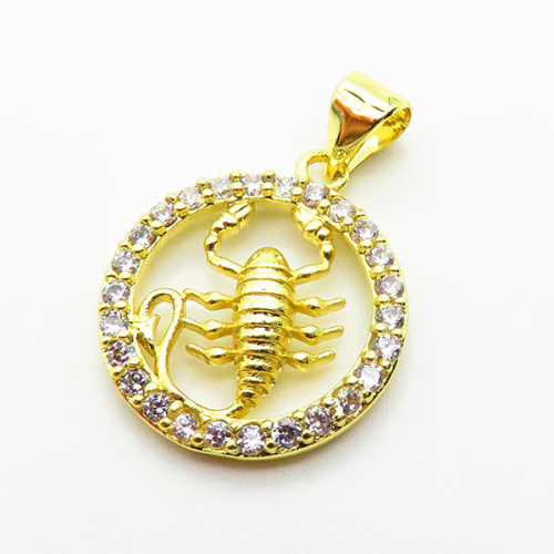 Brass Micro Pave Cubic Zirconia Pendants,Round,Scorpio,Plated Gold,16mm,Hole:2mm,about 1.4g/pc,5 pcs/package,XFPC04779aaho-L035