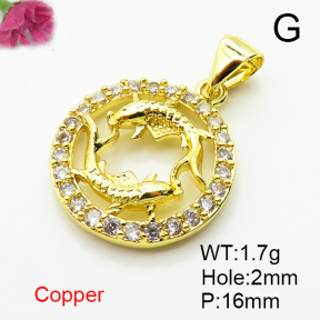 Brass Micro Pave Cubic Zirconia Pendants,Round,Pisces,Plated Gold,16mm,Hole:2mm,about 1.7g/pc,5 pcs/package,XFPC04782aaho-L035