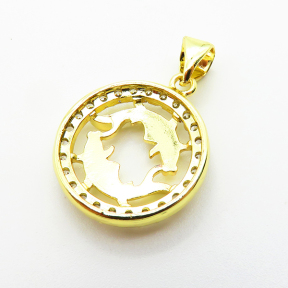 Brass Micro Pave Cubic Zirconia Pendants,Round,Pisces,Plated Gold,16mm,Hole:2mm,about 1.7g/pc,5 pcs/package,XFPC04782aaho-L035