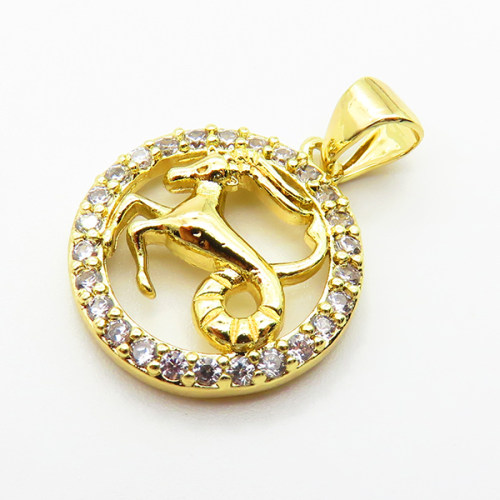 Brass Micro Pave Cubic Zirconia Pendants,Round,Aries,Plated Gold,16mm,Hole:2mm,about 1.9g/pc,5 pcs/package,XFPC04785aaho-L035