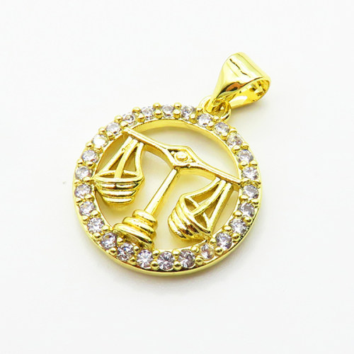 Brass Micro Pave Cubic Zirconia Pendants,Round,Libra,Plated Gold,16mm,Hole:2mm,about 1.7g/pc,5 pcs/package,XFPC04788aaho-L035