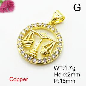 Brass Micro Pave Cubic Zirconia Pendants,Round,Libra,Plated Gold,16mm,Hole:2mm,about 1.7g/pc,5 pcs/package,XFPC04788aaho-L035