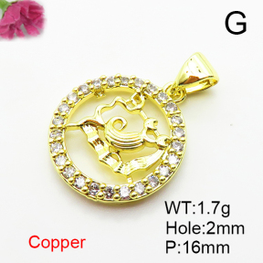 Brass Micro Pave Cubic Zirconia Pendants,Round,Aquarius,Plated Gold,16mm,Hole:2mm,about 1.7g/pc,5 pcs/package,XFPC04791aaho-L035