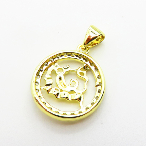 Brass Micro Pave Cubic Zirconia Pendants,Round,Aquarius,Plated Gold,16mm,Hole:2mm,about 1.7g/pc,5 pcs/package,XFPC04791aaho-L035