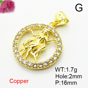 Brass Micro Pave Cubic Zirconia Pendants,Round,Virgo,Plated Gold,16mm,Hole:2mm,about 1.7g/pc,5 pcs/package,XFPC04794aaho-L035