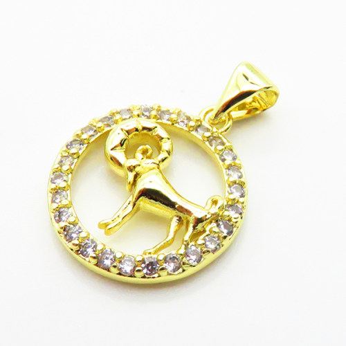 Brass Micro Pave Cubic Zirconia Pendants,Round, 
Capricorn,Plated Gold,16mm,Hole:2mm,about 1.7g/pc,5 pcs/package,XFPC04797aaho-L035