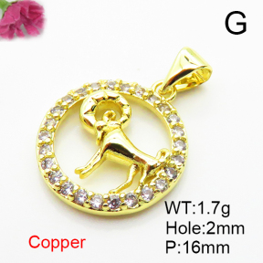 Brass Micro Pave Cubic Zirconia Pendants,Round, 
Capricorn,Plated Gold,16mm,Hole:2mm,about 1.7g/pc,5 pcs/package,XFPC04797aaho-L035