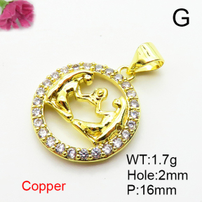 Brass Micro Pave Cubic Zirconia Pendants,Round,Gemini,Plated Gold,16mm,Hole:2mm,about 1.7g/pc,5 pcs/package,XFPC04800aaho-L035