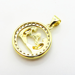 Brass Micro Pave Cubic Zirconia Pendants,Round,Gemini,Plated Gold,16mm,Hole:2mm,about 1.7g/pc,5 pcs/package,XFPC04800aaho-L035