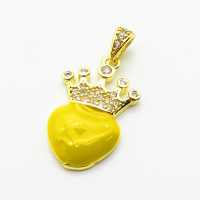 Brass Micro Pave Cubic Zirconia Pendants,with Enamel,Crown,Plated Gold,Yellow,20x15mm,Hole:2mm,about 2g/pc,5 pcs/package,XFPC04806vaii-L035