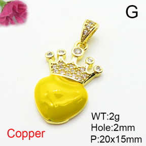 Brass Micro Pave Cubic Zirconia Pendants,with Enamel,Crown,Plated Gold,Yellow,20x15mm,Hole:2mm,about 2g/pc,5 pcs/package,XFPC04806vaii-L035