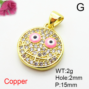 Brass Micro Pave Cubic Zirconia Pendants,with Enamel,Round,Human Face,Plated Gold,Mixed Color,15mm,Hole:2mm,about 2g/pc,5 pcs/package,XFPC04808vail-L035
