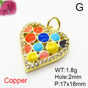 Brass Micro Pave Cubic Zirconia Pendants,with Enamel,Heart,Plated Gold,17x16mm,Hole:2mm,about 1.8g/pc,5 pcs/package,XFPC04823avja-L035