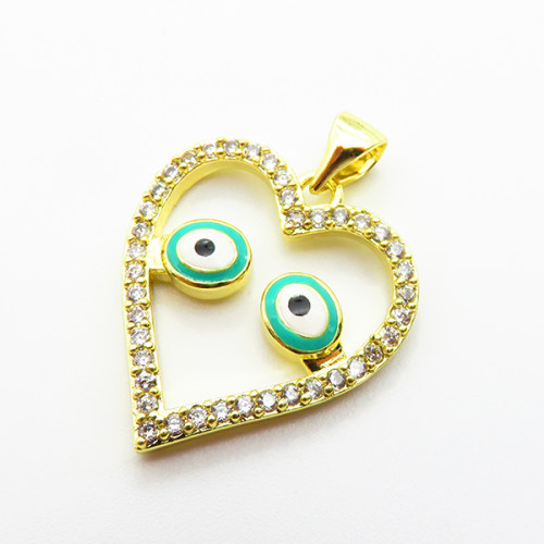 Brass Micro Pave Cubic Zirconia Pendants,with Enamel,Heart,Eyes,Plated Gold,21x20mm,Hole:2mm,about 2.1g/pc,5 pcs/package,XFPC04826aaim-L035
