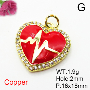 Brass Micro Pave Cubic Zirconia Pendants,with Enamel,Heart,Plated Gold,16x18mm,Hole:2mm,about 1.9g/pc,5 pcs/package,XFPC04832vaii-L035