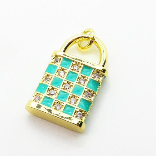 Brass Micro Pave Cubic Zirconia Pendants,with Enamel,Lock,Plated Gold,20x12mm,Hole:5x7mm,about 3.1g/pc,5 pcs/package,XFPC04850aaij-L035