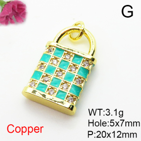 Brass Micro Pave Cubic Zirconia Pendants,with Enamel,Lock,Plated Gold,20x12mm,Hole:5x7mm,about 3.1g/pc,5 pcs/package,XFPC04850aaij-L035