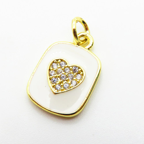 Brass Micro Pave Cubic Zirconia Pendants,with Enamel,Rectangle,Heart,Plated Gold,13x11mm,Hole:2mm,about 1.2g/pc,5 pcs/package,XFPC04853aahm-L035