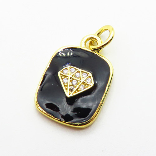 Brass Micro Pave Cubic Zirconia Pendants,with Enamel,Rectangle,Diamond,Plated Gold,13x11mm,Hole:2mm,about 1.2g/pc,5 pcs/package,XFPC04859aahm-L035