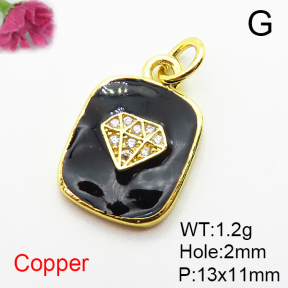 Brass Micro Pave Cubic Zirconia Pendants,with Enamel,Rectangle,Diamond,Plated Gold,13x11mm,Hole:2mm,about 1.2g/pc,5 pcs/package,XFPC04859aahm-L035