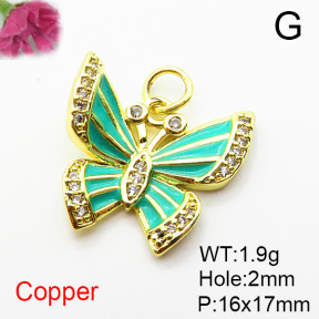 Brass Micro Pave Cubic Zirconia Pendants,with Enamel,Butterfly,Plated Gold,16x17mm,Hole:2mm,about 1.9g/pc,5 pcs/package,XFPC04865vaii-L035