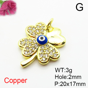 Brass Micro Pave Cubic Zirconia Pendants,with Enamel,Four-Leaf Clover,Devil's Eye,Plated Gold,20x17mm,Hole:2mm,about 3g/pc,5 pcs/package,XFPC04877vail-L035