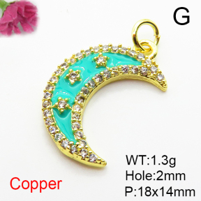 Brass Micro Pave Cubic Zirconia Pendants,with Enamel,Moon,Plated Gold,18x14mm,Hole:2mm,about 1.3g/pc,5 pcs/package,XFPC04886vail-L035