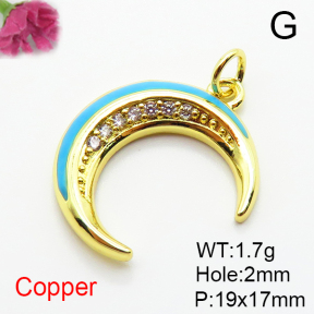 Brass Micro Pave Cubic Zirconia Pendants,with Enamel,Moon,Plated Gold,19x17mm,Hole:2mm,about 1.7g/pc,5 pcs/package,XFPC04889aahn-L035