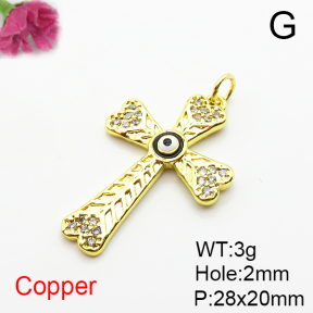Brass Micro Pave Cubic Zirconia Pendants,with Enamel,Cross,Devil's Eye,for Easter,Plated Gold,28x20mm,Hole:2mm,about 3g/pc,5 pcs/package,XFPC04895vaii-L035