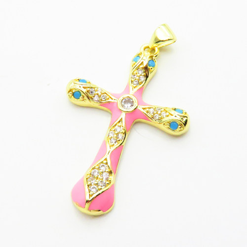 Brass Micro Pave Cubic Zirconia Pendants,with Enamel,Cross,for Easter,Plated Gold,33x24mm,Hole:2mm,about 3.3g/pc,5 pcs/package,XFPC04898aaji-L035