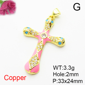 Brass Micro Pave Cubic Zirconia Pendants,with Enamel,Cross,for Easter,Plated Gold,33x24mm,Hole:2mm,about 3.3g/pc,5 pcs/package,XFPC04898aaji-L035