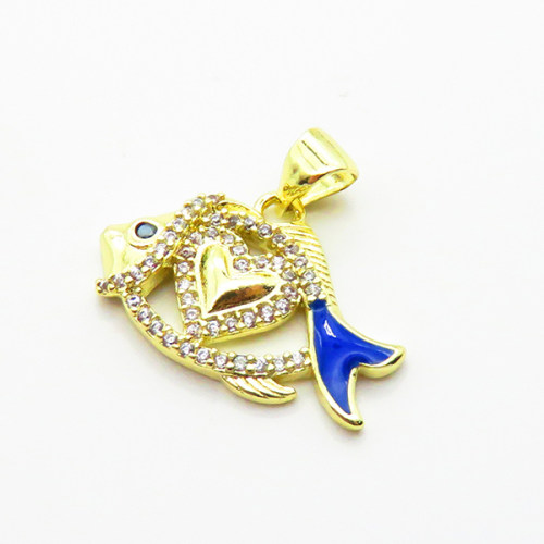 Brass Micro Pave Cubic Zirconia Pendants,with Enamel,Fish,Plated Gold,13x21mm,Hole:2mm,about 1.9g/pc,5 pcs/package,XFPC04901aaim-L035