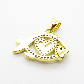 Brass Micro Pave Cubic Zirconia Pendants,with Enamel,Fish,Plated Gold,13x21mm,Hole:2mm,about 1.9g/pc,5 pcs/package,XFPC04901aaim-L035