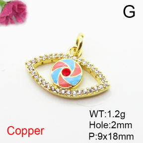 Brass Micro Pave Cubic Zirconia Pendants,with Enamel,Devil's Eye,Plated Gold,9x18mm,Hole:2mm,about 1.2g/pc,5 pcs/package,XFPC04904vaii-L035