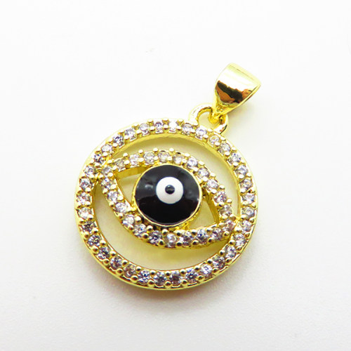Brass Micro Pave Cubic Zirconia Pendants,with Enamel,Round,Devil's Eye,Plated Gold,16mm,Hole:2mm,about 2.1g/pc,5 pcs/package,XFPC04910vail-L035
