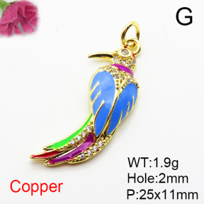 Brass Micro Pave Cubic Zirconia Pendants,with Enamel,Bird,Plated Gold,25x11mm,Hole:2mm,about 1.9g/pc,5 pcs/package,XFPC04913aaim-L035