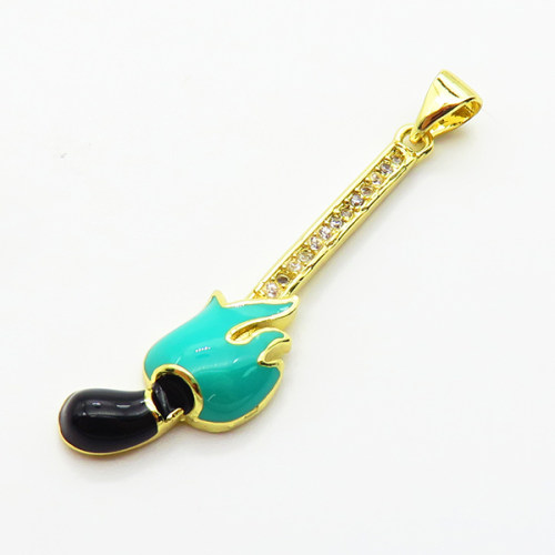Brass Micro Pave Cubic Zirconia Pendants,with Enamel,Hockey Stick,Plated Gold,35x9mm,Hole:2mm,about 2.2g/pc,5 pcs/package,XFPC04928aaij-L035