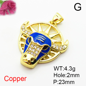 Brass Micro Pave Cubic Zirconia Pendants,with Enamel,Bull's Head,Plated Gold,23mm,Hole:2mm,about 4.3g/pc,5 pcs/package,XFPC04931vaii-L035